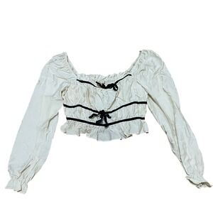 Cream Ivory Smocked Milkmaid Puff Sleeve Cropped Top Black Ribbon Bows NWOT